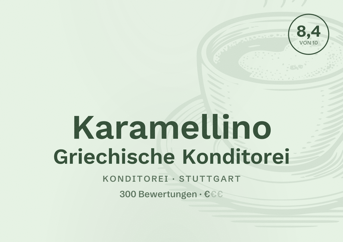 Illustriertes Poster von Karamellino Griechische Konditorei, Konditorei in Stuttgart: Bewertung 8,4 von 10 aus 300 Bewertungen, Preisniveau €