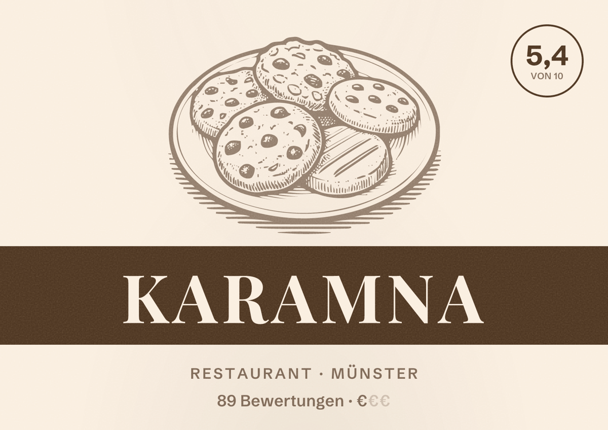 Illustriertes Poster von KARAMNA, Restaurant in Münster: Bewertung 5,4 von 10 aus 89 Bewertungen, Preisniveau €