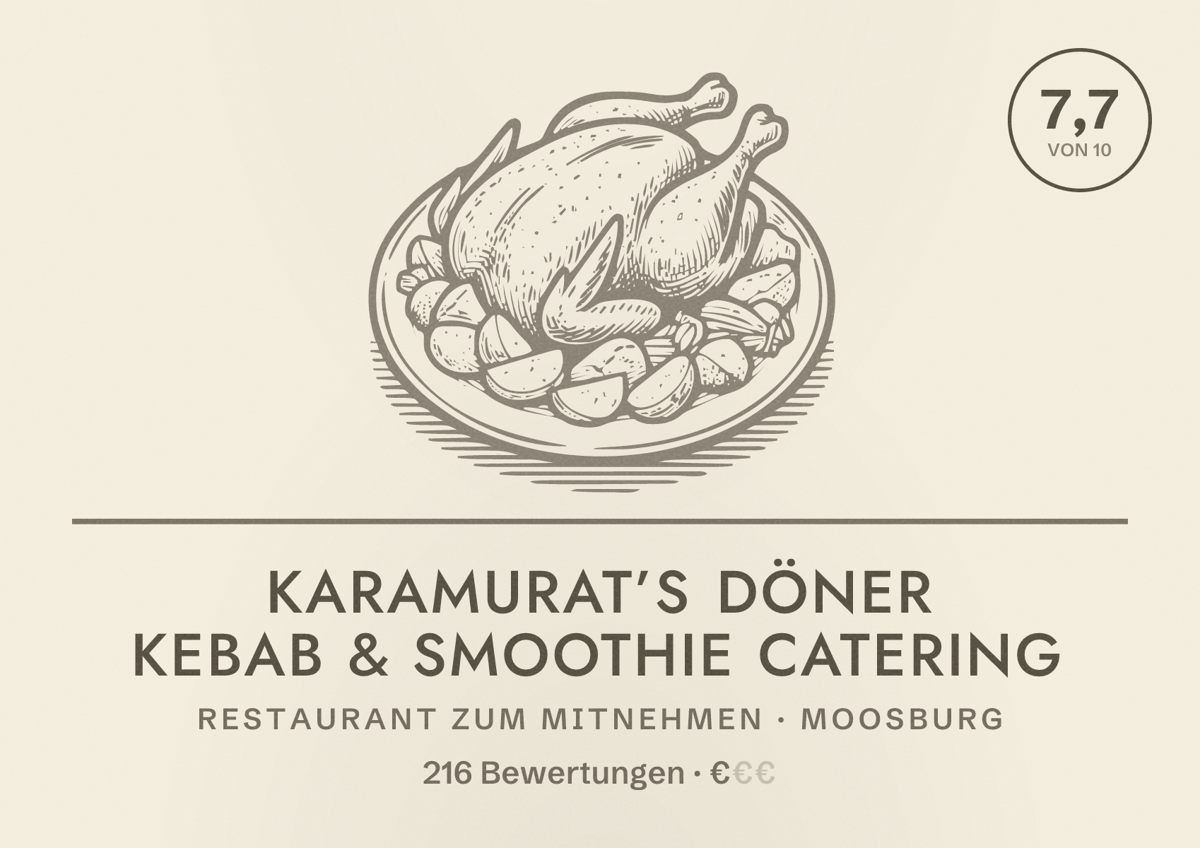 Illustriertes Poster von Karamurat’s Döner Kebab & Smoothie Catering, Restaurant zum Mitnehmen in Moosburg: Bewertung 7,7 von 10 aus 216 Bewertungen, Preisniveau €