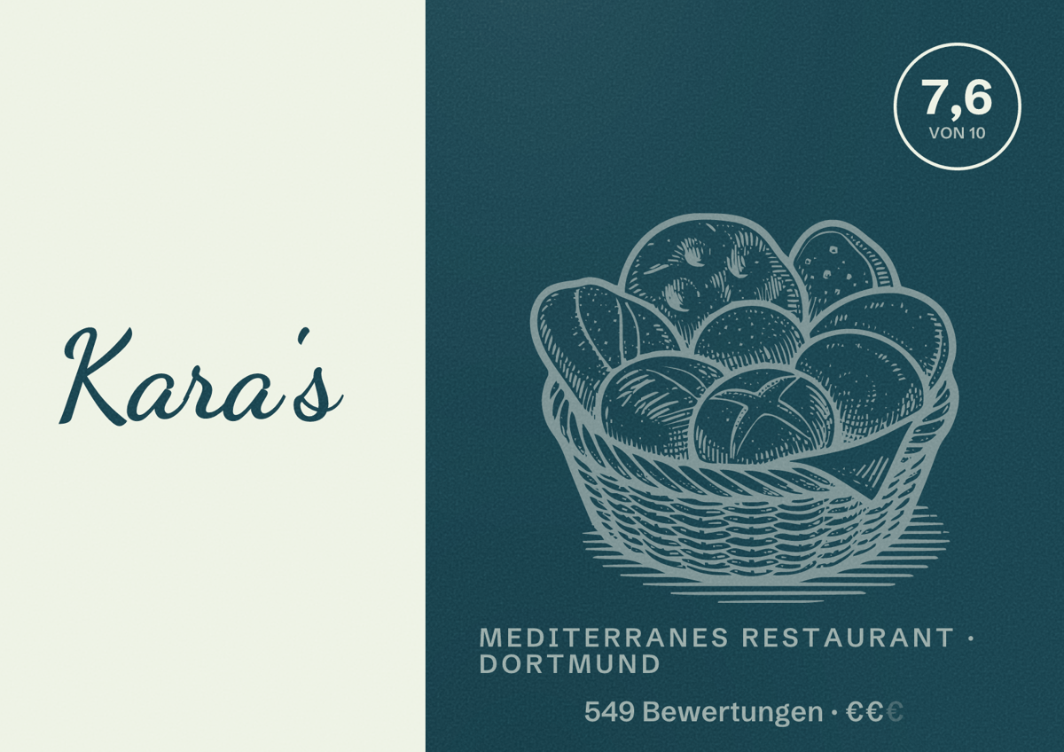 Illustriertes Poster von Kara's, Mediterranes Restaurant in Dortmund: Bewertung 7,6 von 10 aus 549 Bewertungen, Preisniveau €€