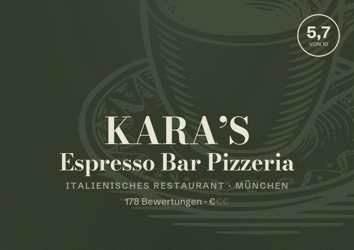 Illustriertes Poster von KARA’S Espresso Bar Pizzeria, Italienisches Restaurant in München: Bewertung 5,7 von 10 aus 178 Bewertungen, Preisniveau €