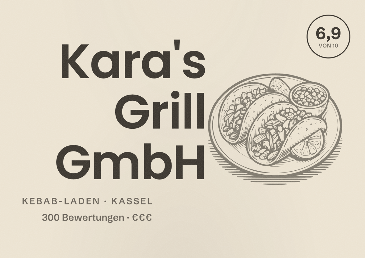 Illustriertes Poster von Kara's Grill GmbH, Kebab-Laden in Kassel: Bewertung 6,9 von 10 aus 300 Bewertungen, Preisniveau €€€