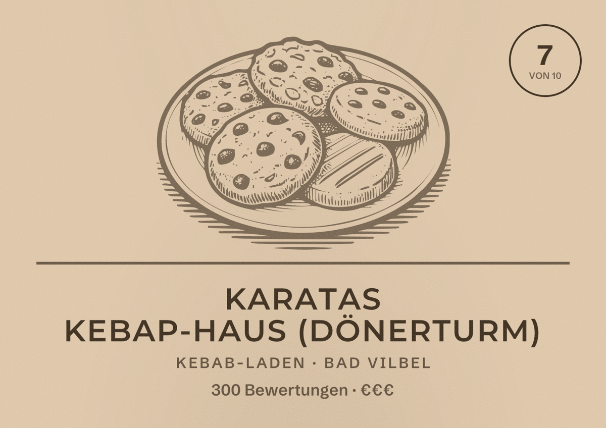 Illustriertes Poster von Karatas Kebap-Haus (Dönerturm), Kebab-Laden in Bad Vilbel: Bewertung 7 von 10 aus 300 Bewertungen, Preisniveau €€€