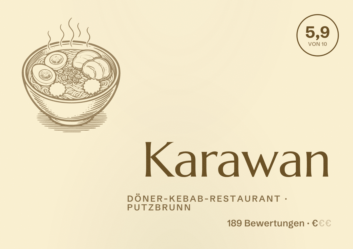 Illustriertes Poster von Karawan, Döner-Kebab-Restaurant in Putzbrunn: Bewertung 5,9 von 10 aus 189 Bewertungen, Preisniveau €