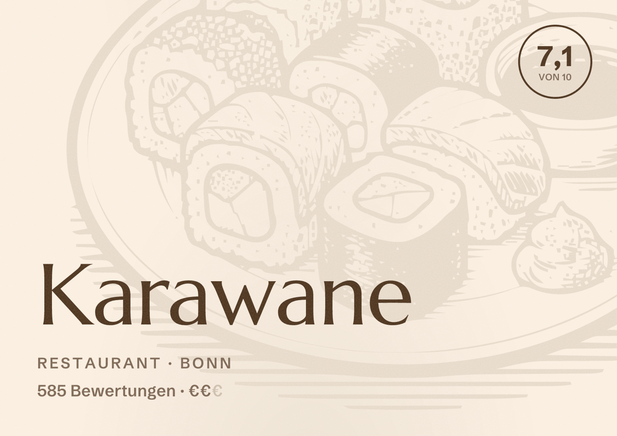 Illustriertes Poster von Karawane, Restaurant in Bonn: Bewertung 7,1 von 10 aus 585 Bewertungen, Preisniveau €€
