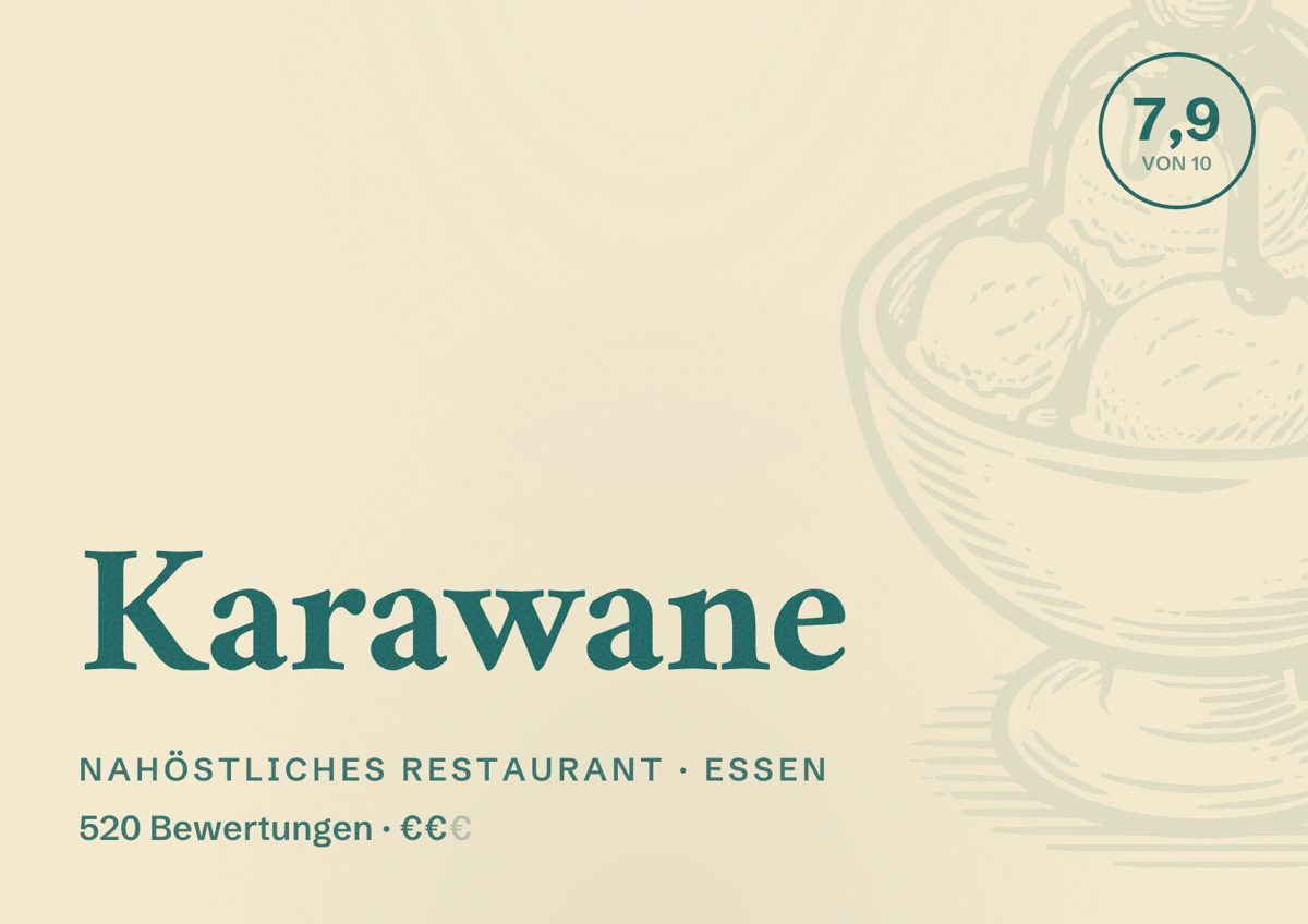 Illustriertes Poster von Karawane, Nahöstliches Restaurant in Essen: Bewertung 7,9 von 10 aus 520 Bewertungen, Preisniveau €€