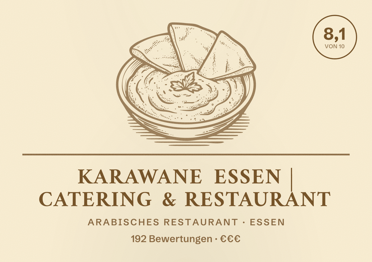 Illustriertes Poster von Karawane Essen | Catering & Restaurant, Arabisches Restaurant in Essen: Bewertung 8,1 von 10 aus 192 Bewertungen, Preisniveau €€€