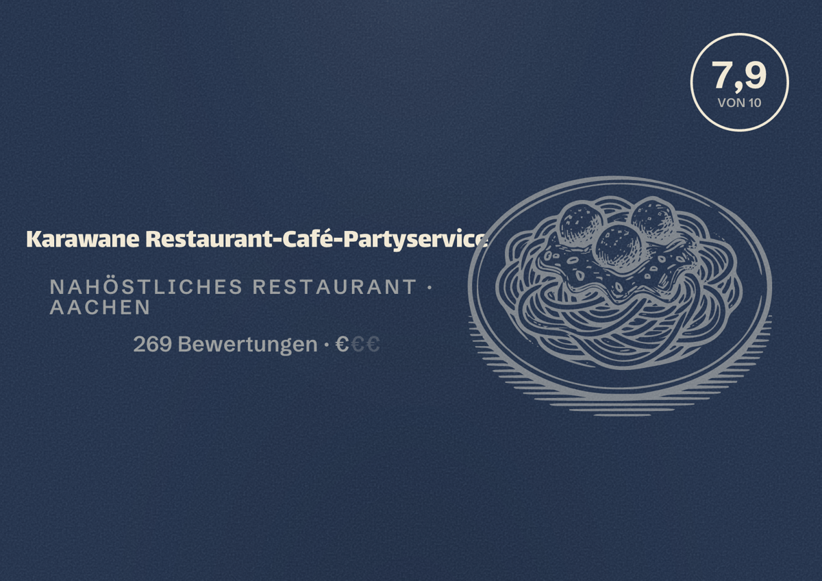 Illustriertes Poster von Karawane Restaurant-Café-Partyservice, Nahöstliches Restaurant in Aachen: Bewertung 7,9 von 10 aus 269 Bewertungen, Preisniveau €