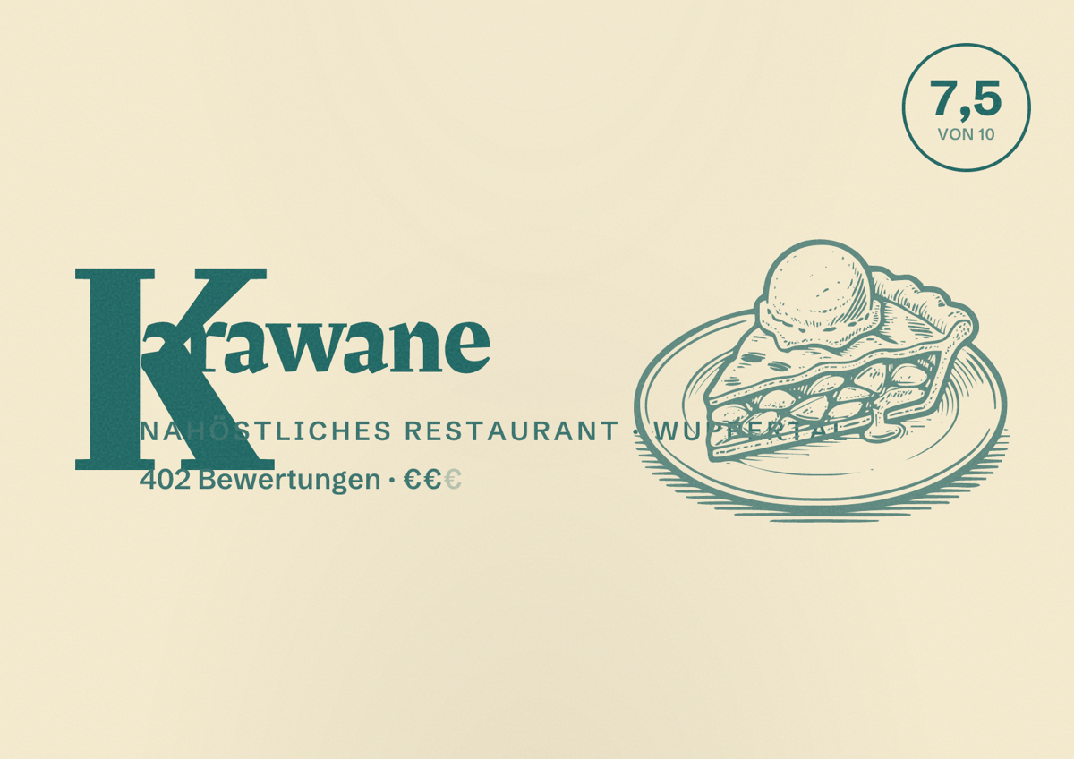 Illustriertes Poster von Karawane, Nahöstliches Restaurant in Wuppertal: Bewertung 7,5 von 10 aus 402 Bewertungen, Preisniveau €€