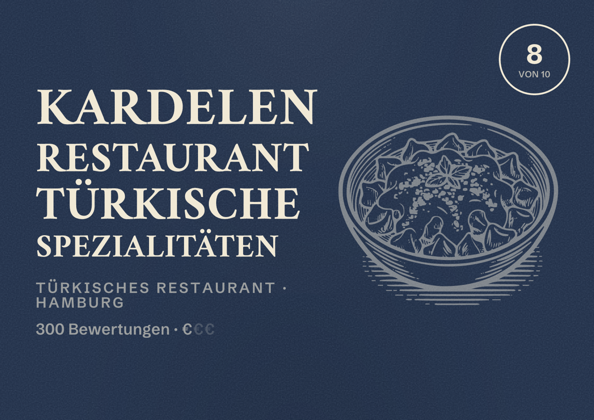 Illustriertes Poster von Kardelen Restaurant türkische Spezialitäten, Türkisches Restaurant in Hamburg: Bewertung 8 von 10 aus 300 Bewertungen, Preisniveau €
