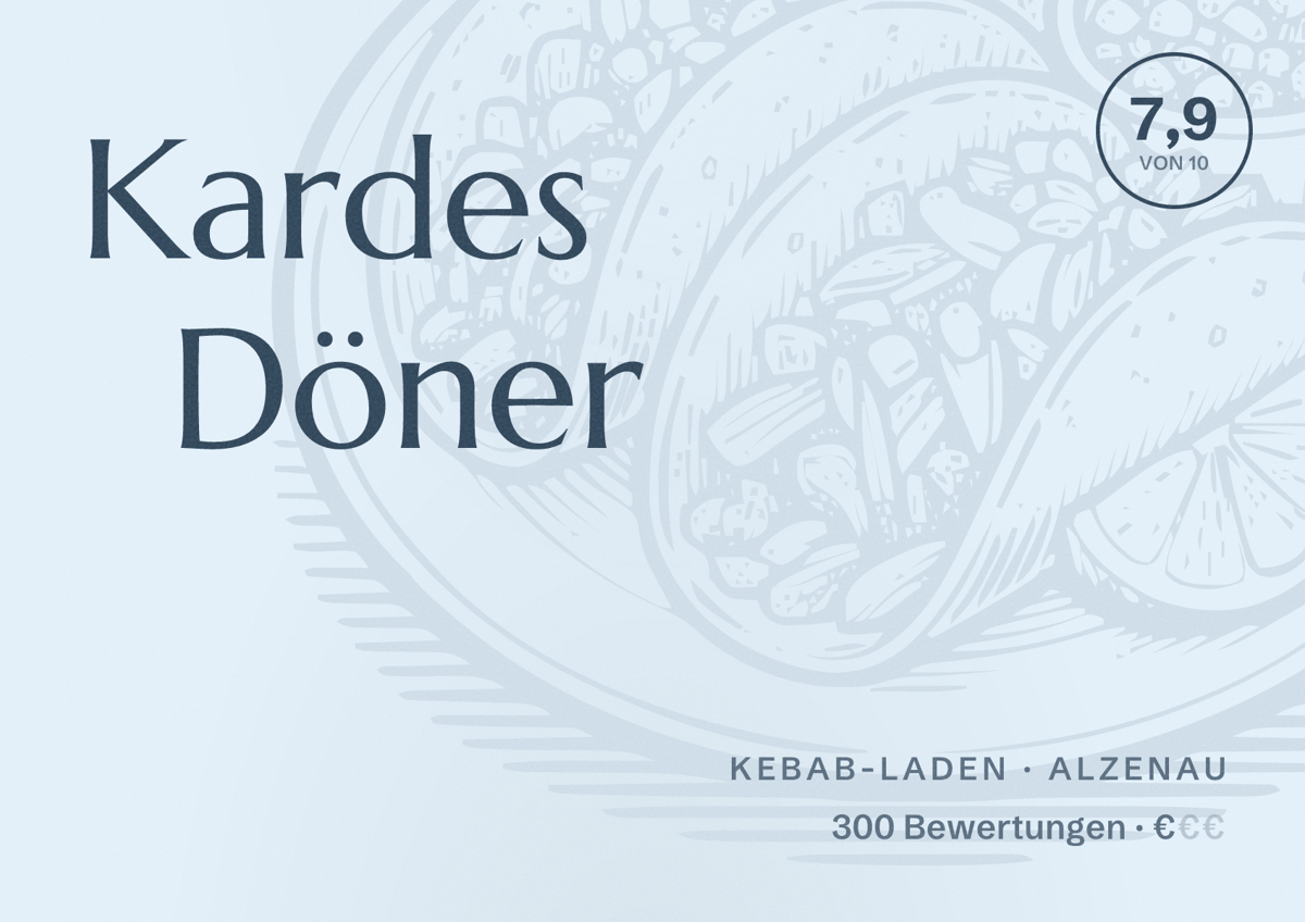 Illustriertes Poster von Kardes Döner, Kebab-Laden in Alzenau: Bewertung 7,9 von 10 aus 300 Bewertungen, Preisniveau €