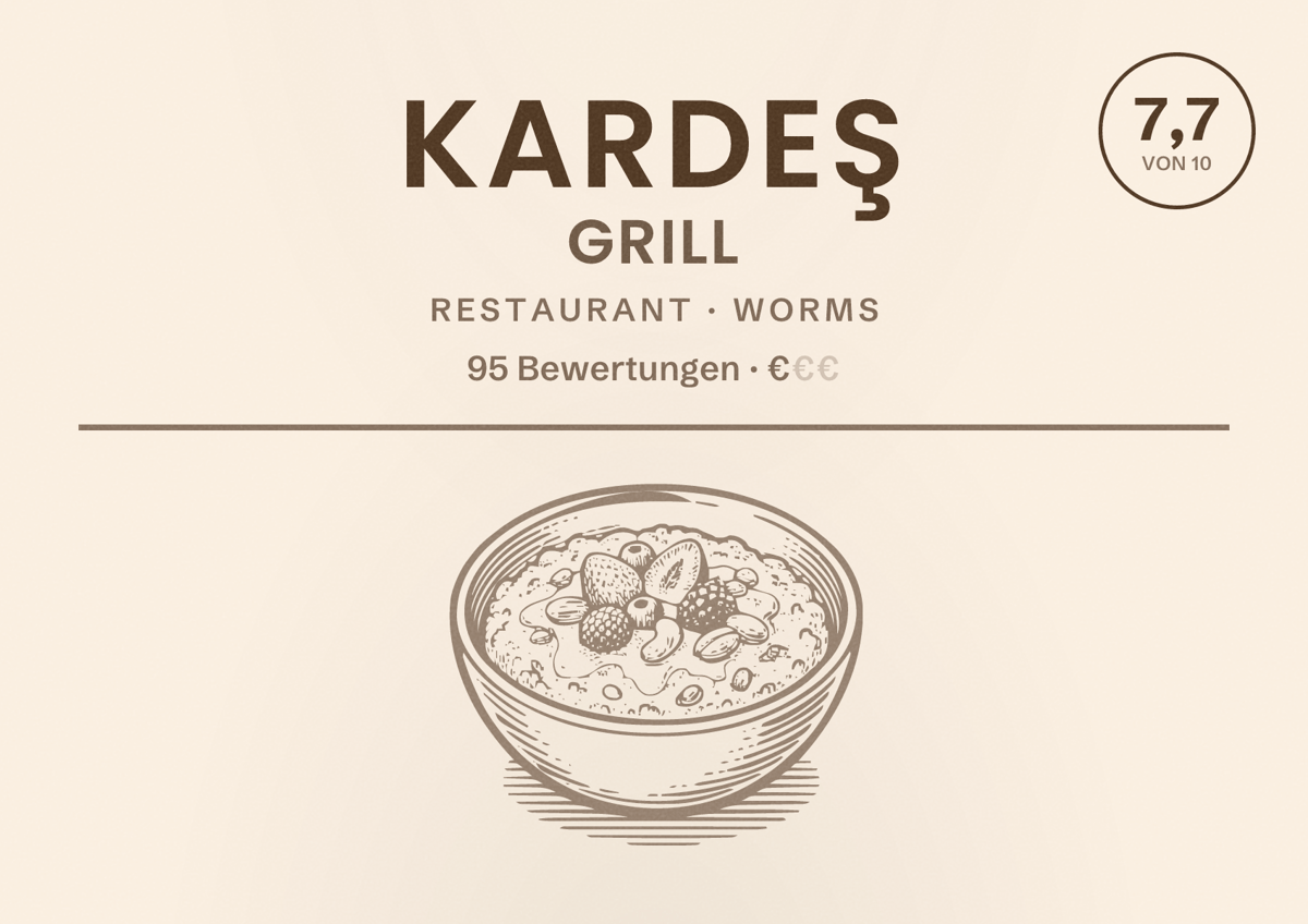 Illustriertes Poster von Kardeş Grill, Restaurant in Worms: Bewertung 7,7 von 10 aus 95 Bewertungen, Preisniveau €