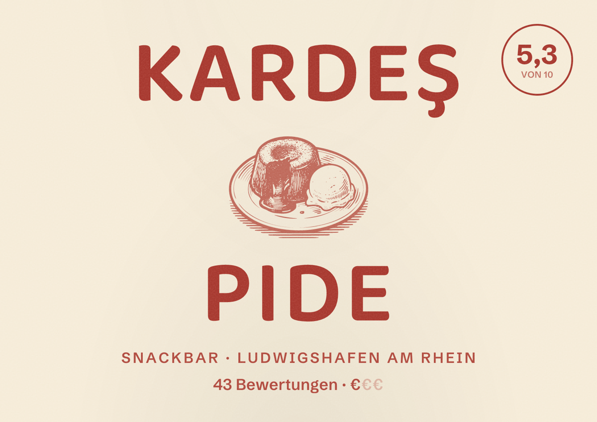 Illustriertes Poster von Kardeş Pide, Snackbar in Ludwigshafen am Rhein: Bewertung 5,3 von 10 aus 43 Bewertungen, Preisniveau €