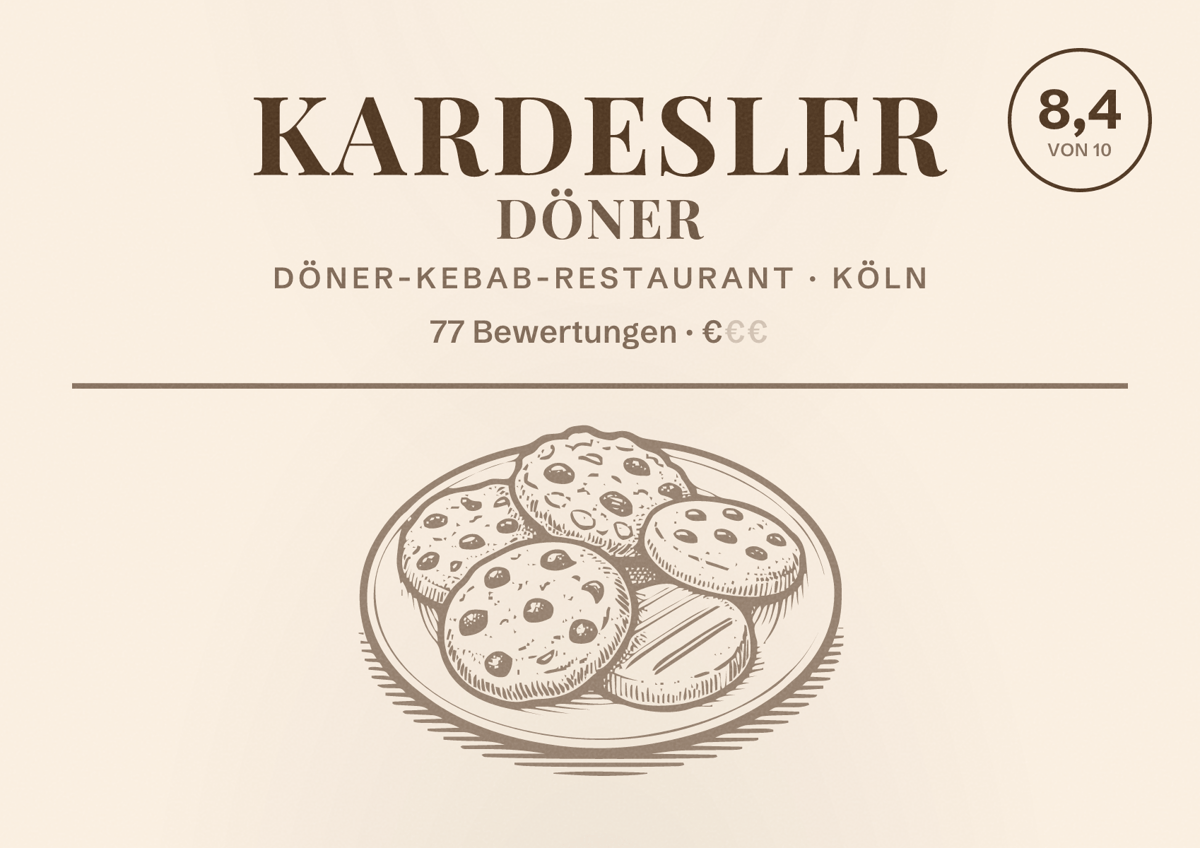 Illustriertes Poster von Kardesler döner, Döner-Kebab-Restaurant in Köln: Bewertung 8,4 von 10 aus 77 Bewertungen, Preisniveau €
