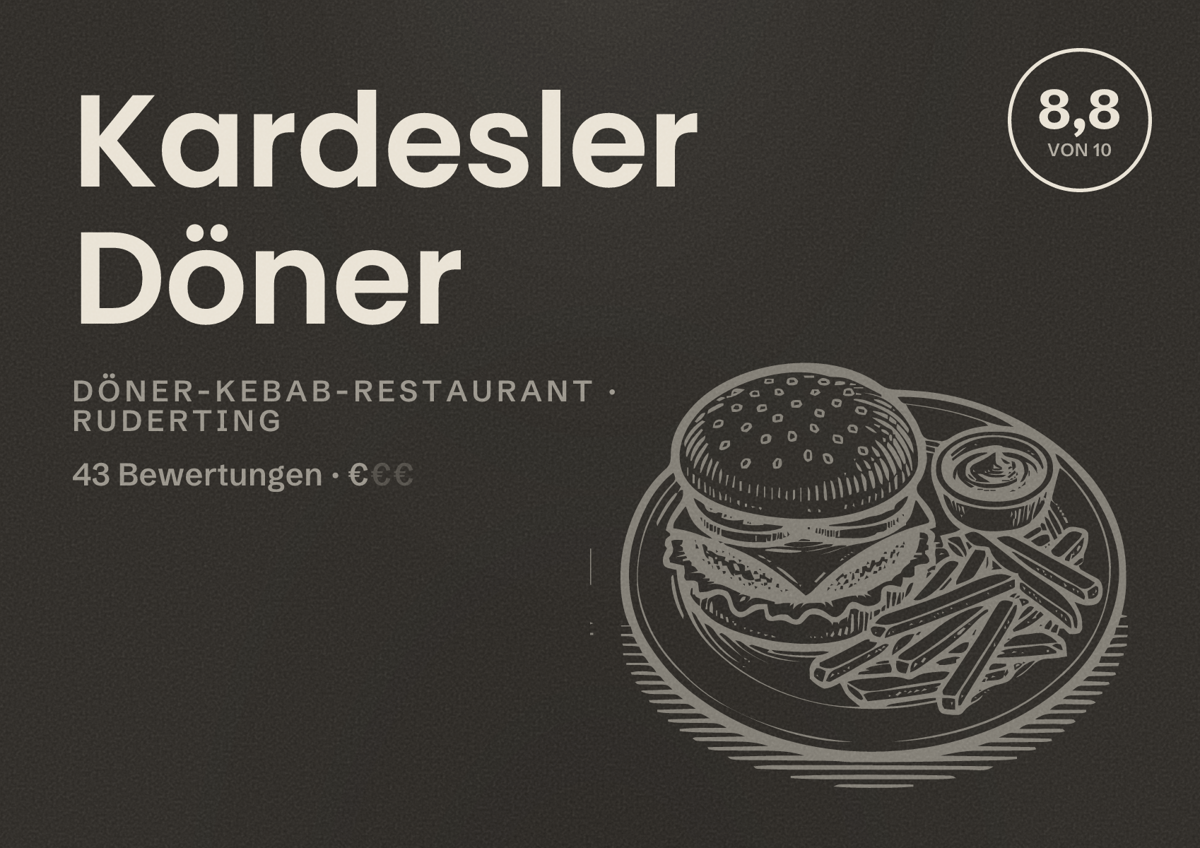 Illustriertes Poster von Kardesler Döner, Döner-Kebab-Restaurant in Ruderting: Bewertung 8,8 von 10 aus 43 Bewertungen, Preisniveau €