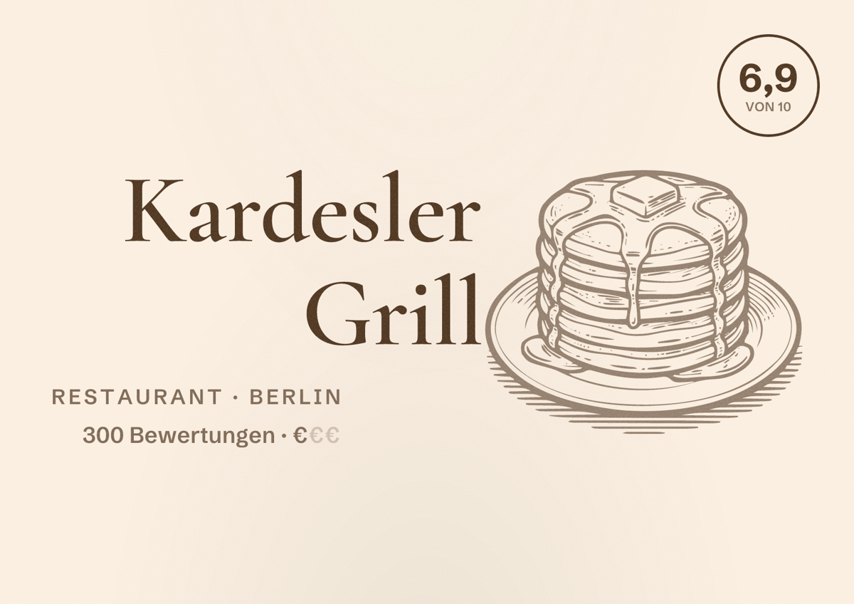 Illustriertes Poster von Kardesler Grill, Restaurant in Berlin: Bewertung 6,9 von 10 aus 300 Bewertungen, Preisniveau €
