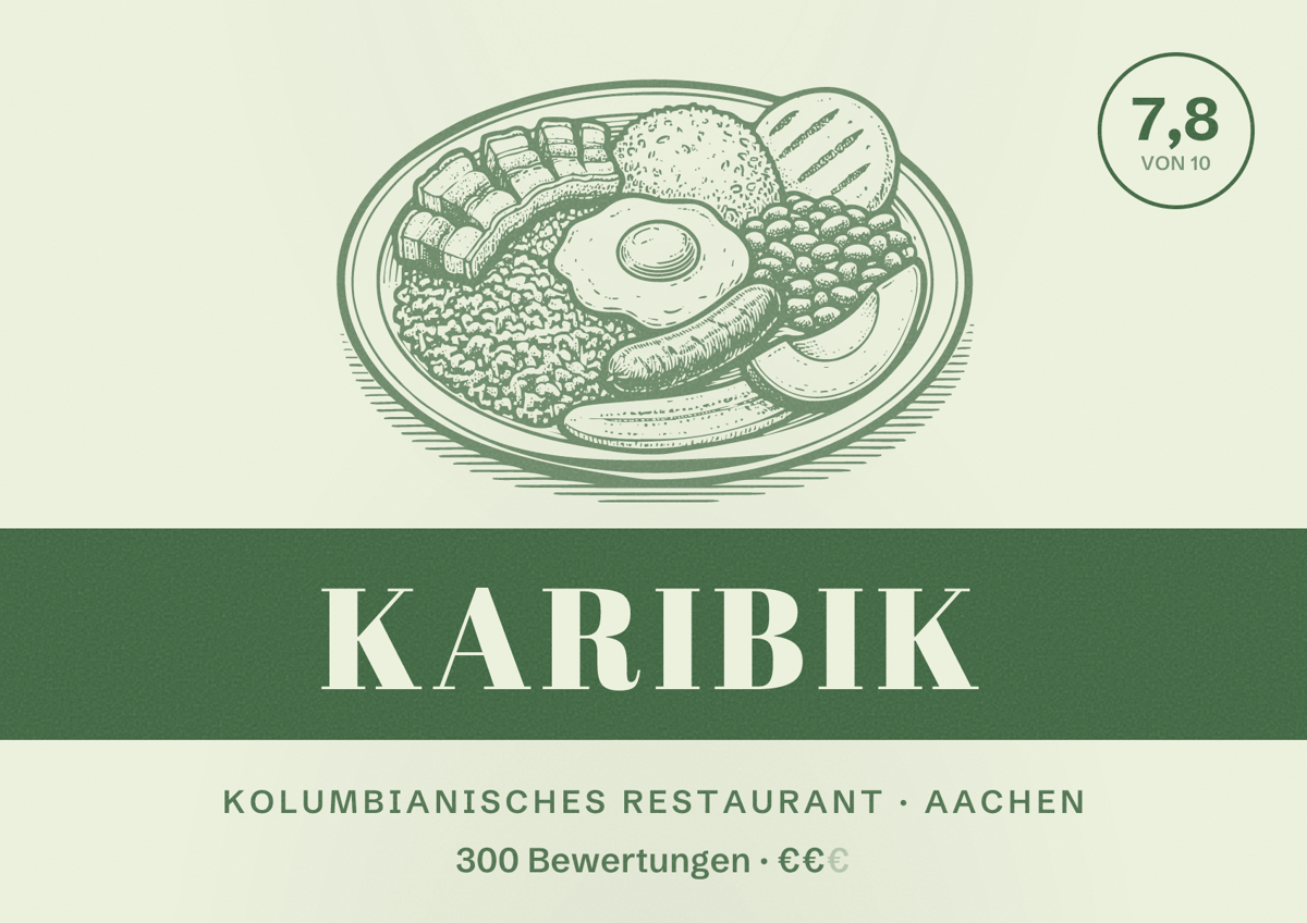 Illustriertes Poster von Karibik, Kolumbianisches Restaurant in Aachen: Bewertung 7,8 von 10 aus 300 Bewertungen, Preisniveau €€
