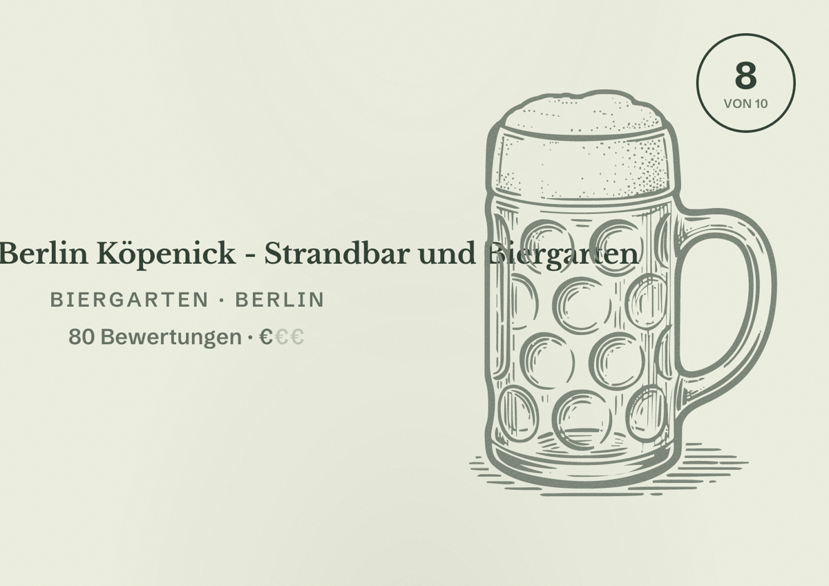 Illustriertes Poster von Karibik Berlin Köpenick - Strandbar und Biergarten, Biergarten in Berlin: Bewertung 8,0 von 10 aus 80 Bewertungen, Preisniveau €