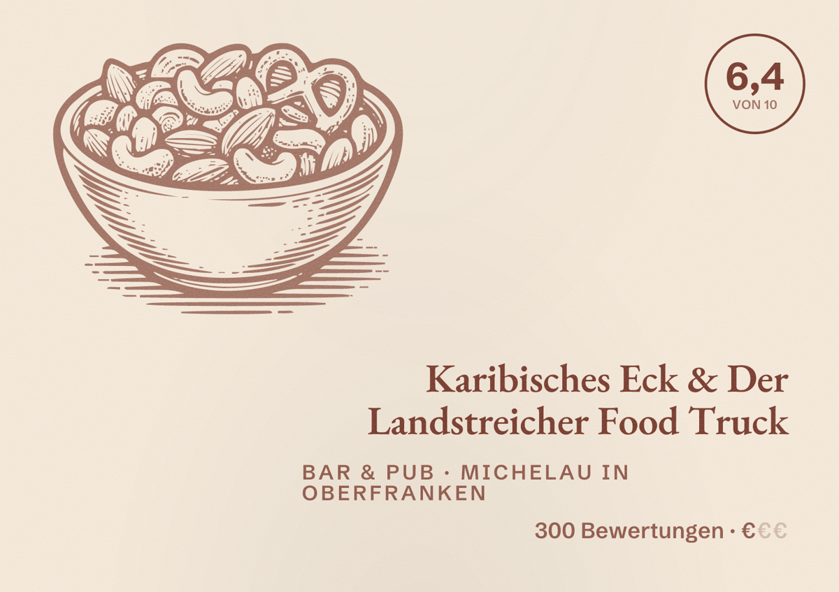 Illustriertes Poster von Karibisches Eck & Der Landstreicher Food Truck, Bar & Pub in Michelau in Oberfranken: Bewertung 6,4 von 10 aus 300 Bewertungen, Preisniveau €