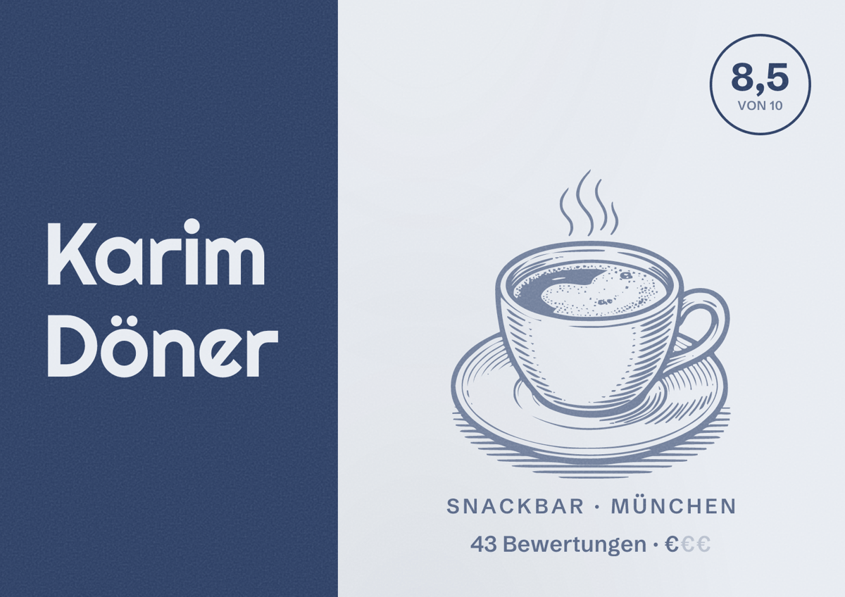 Illustriertes Poster von Karim Döner, Snackbar in München: Bewertung 8,5 von 10 aus 43 Bewertungen, Preisniveau €