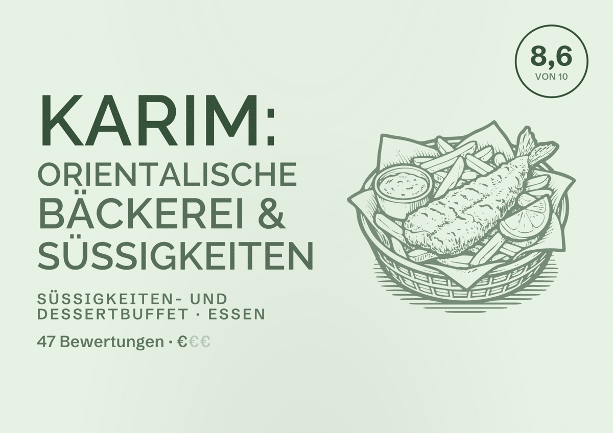 Illustriertes Poster von Karim: orientalische Bäckerei & Süßigkeiten, Süßigkeiten- und Dessertbuffet in Essen: Bewertung 8,6 von 10 aus 47 Bewertungen, Preisniveau €