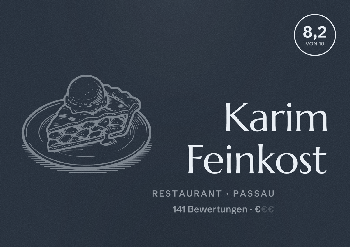 Illustriertes Poster von Karim Feinkost, Restaurant in Passau: Bewertung 8,2 von 10 aus 141 Bewertungen, Preisniveau €