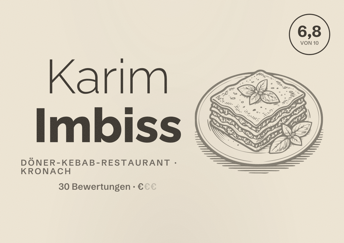 Illustriertes Poster von Karim Imbiss, Döner-Kebab-Restaurant in Kronach: Bewertung 6,8 von 10 aus 30 Bewertungen, Preisniveau €