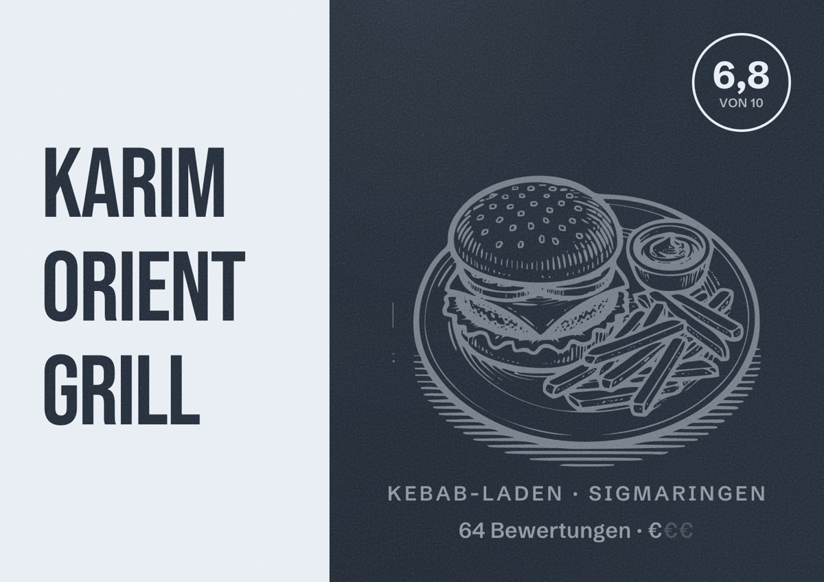 Illustriertes Poster von Karim Orient Grill, Kebab-Laden in Sigmaringen: Bewertung 6,8 von 10 aus 64 Bewertungen, Preisniveau €