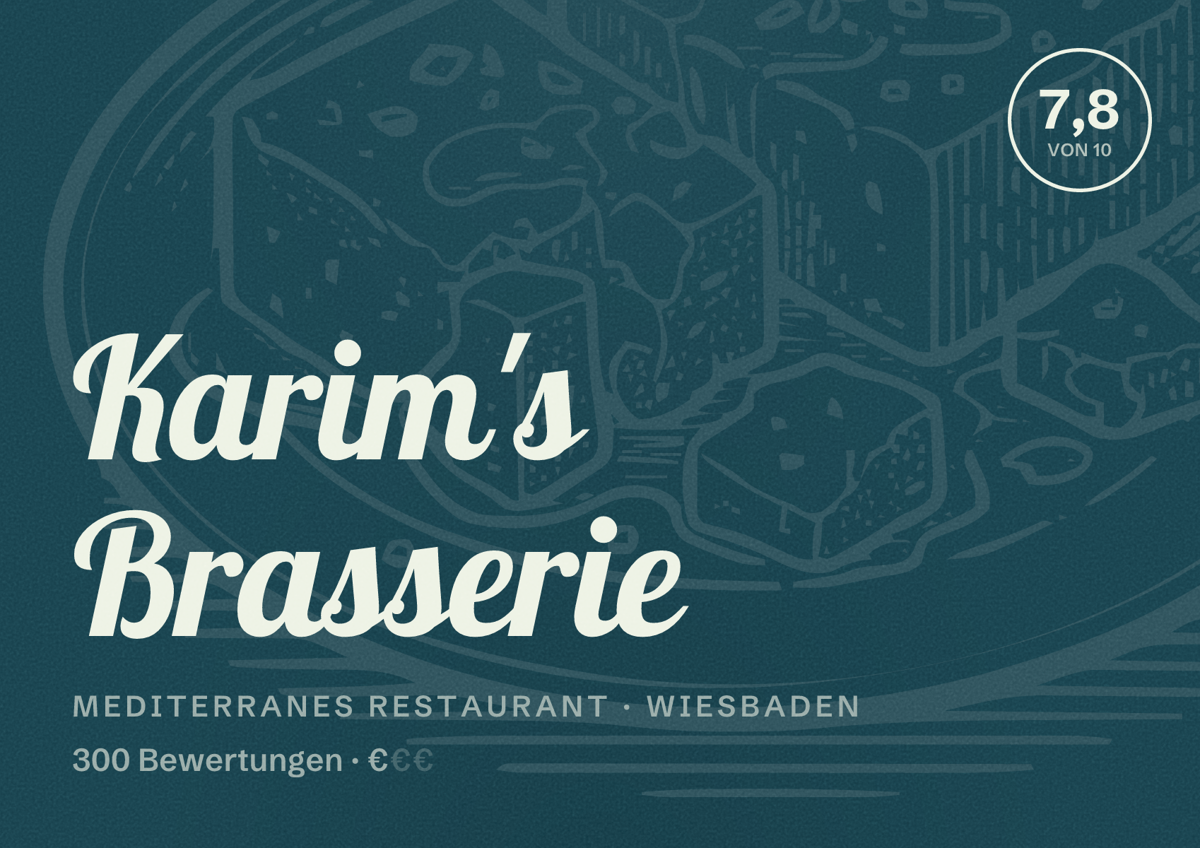 Illustriertes Poster von Karim's Brasserie, Mediterranes Restaurant in Wiesbaden: Bewertung 7,8 von 10 aus 300 Bewertungen, Preisniveau €