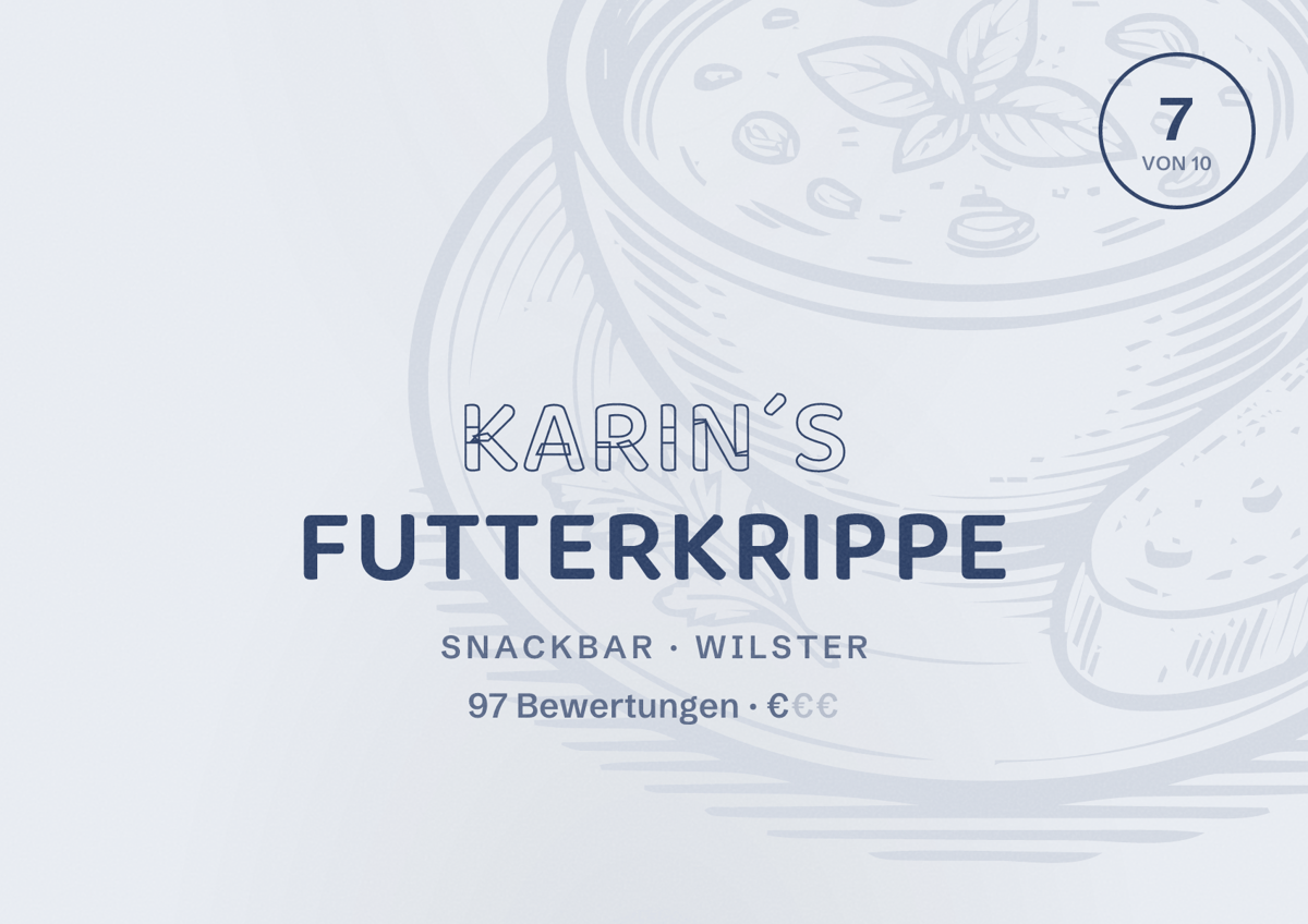 Illustriertes Poster von Karin´s Futterkrippe, Snackbar in Wilster: Bewertung 7 von 10 aus 97 Bewertungen, Preisniveau €