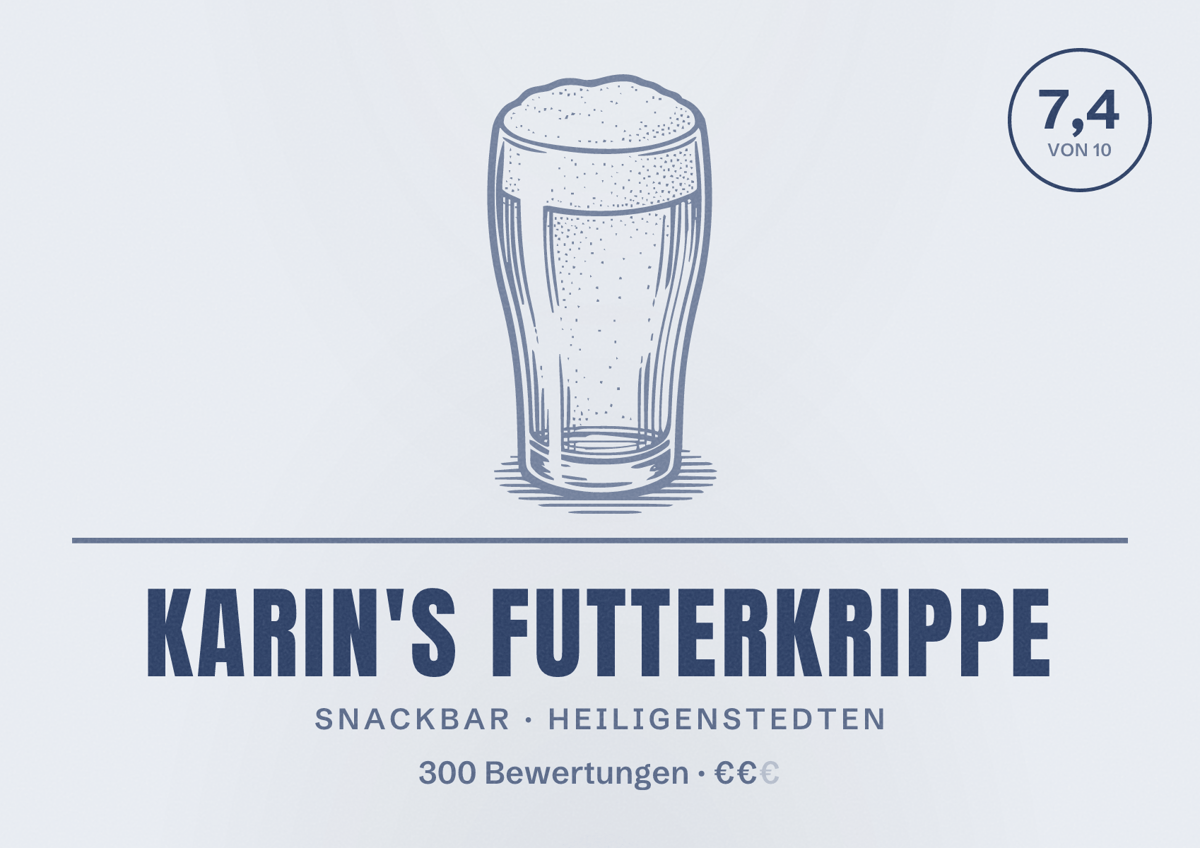 Illustriertes Poster von Karin's Futterkrippe, Snackbar in Heiligenstedten: Bewertung 7,4 von 10 aus 300 Bewertungen, Preisniveau €€