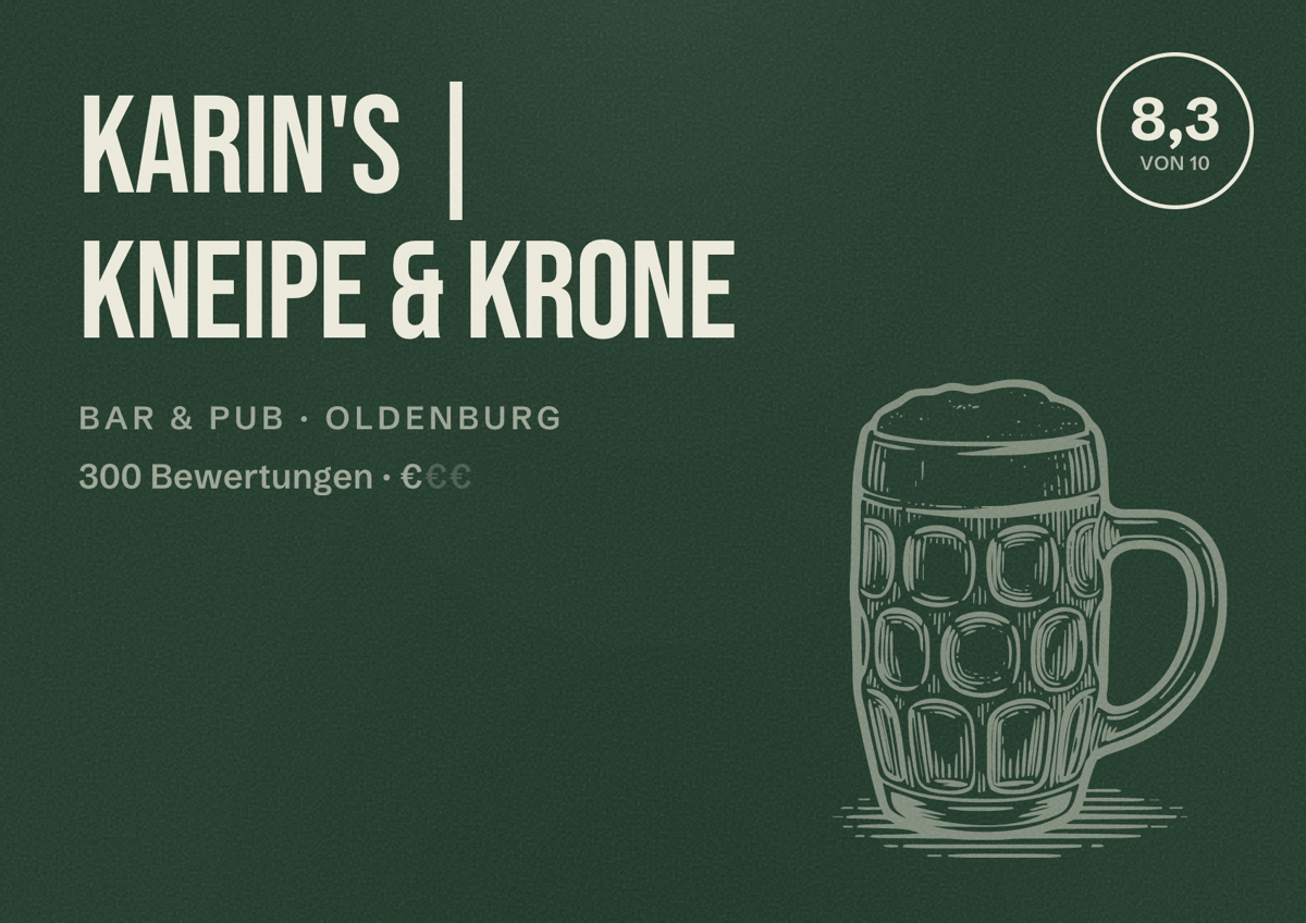 Illustriertes Poster von Karin's | Kneipe & Krone, Bar & Pub in Oldenburg: Bewertung 8,3 von 10 aus 300 Bewertungen, Preisniveau €