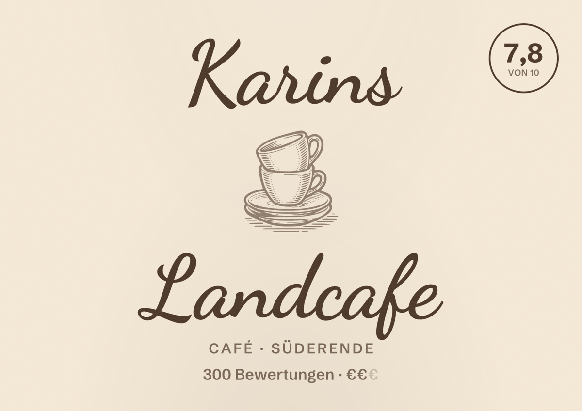 Illustriertes Poster von Karins Landcafe, Café in Süderende: Bewertung 7,8 von 10 aus 300 Bewertungen, Preisniveau €€
