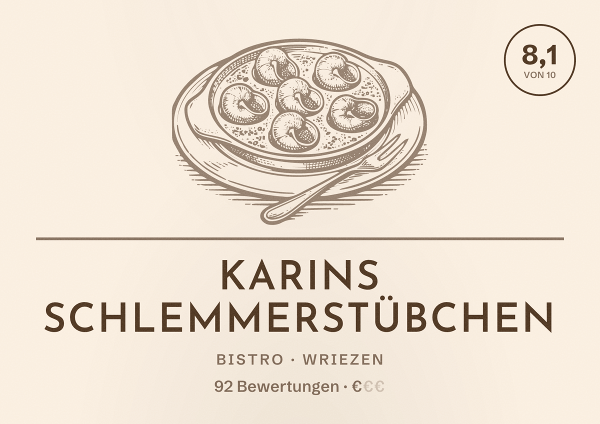 Illustriertes Poster von Karins Schlemmerstübchen, Bistro in Wriezen: Bewertung 8,1 von 10 aus 92 Bewertungen, Preisniveau €