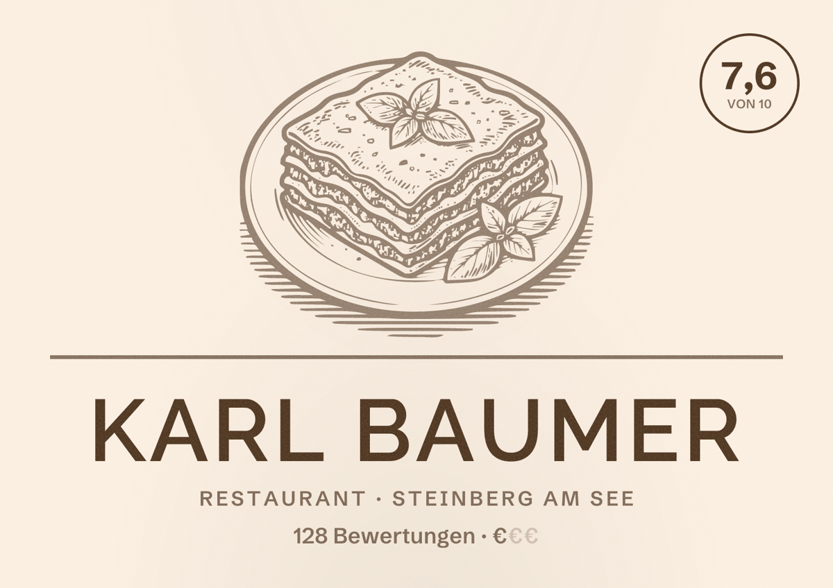 Illustriertes Poster von Karl Baumer, Restaurant in Steinberg am See: Bewertung 7,6 von 10 aus 128 Bewertungen, Preisniveau €