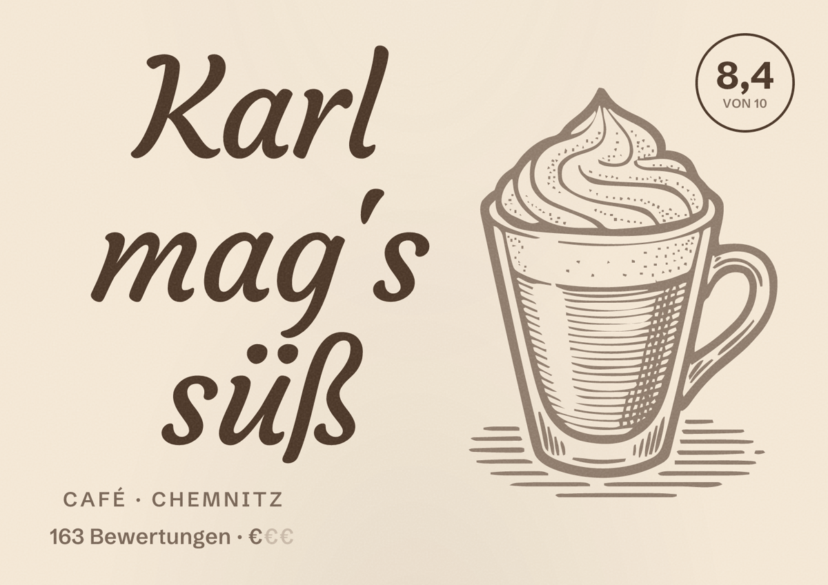 Illustriertes Poster von Karl mag's süß, Café in Chemnitz: Bewertung 8,4 von 10 aus 163 Bewertungen, Preisniveau €