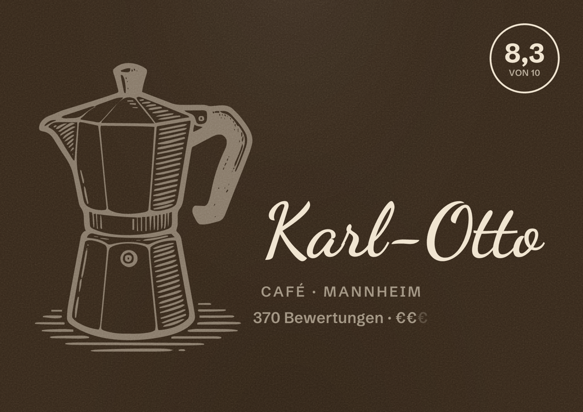 Illustriertes Poster von Karl-Otto, Café in Mannheim: Bewertung 8,3 von 10 aus 370 Bewertungen, Preisniveau €€