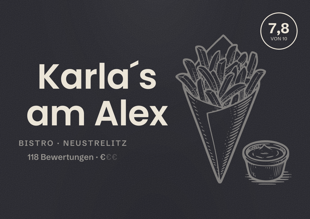 Illustriertes Poster von Karla´s am Alex, Bistro in Neustrelitz: Bewertung 7,8 von 10 aus 118 Bewertungen, Preisniveau €