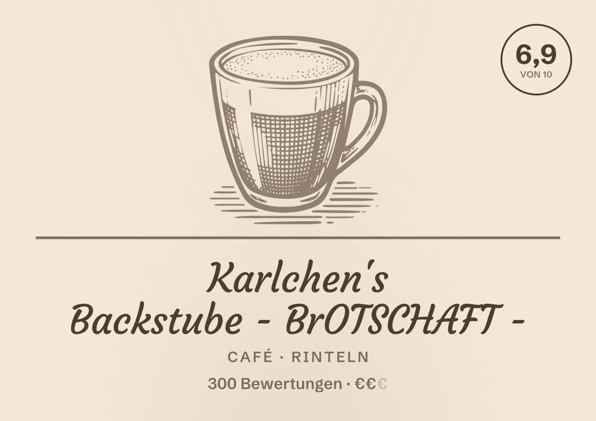 Illustriertes Poster von Karlchen's Backstube - BrOTSCHAFT -, Café in Rinteln: Bewertung 6,9 von 10 aus 300 Bewertungen, Preisniveau €€
