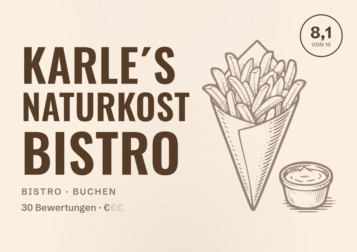Illustriertes Poster von Karle´s Naturkost Bistro, Bistro in Buchen: Bewertung 8,1 von 10 aus 30 Bewertungen, Preisniveau €