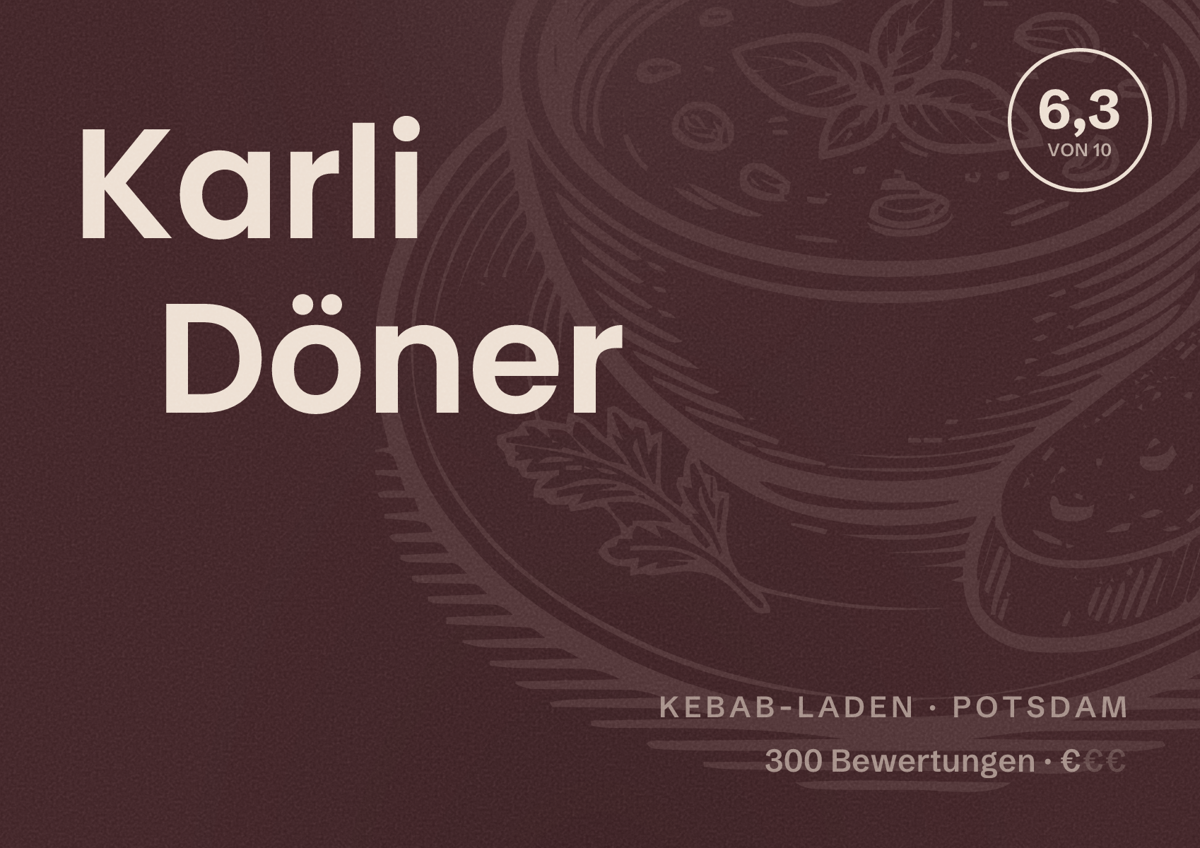 Illustriertes Poster von Karli Döner, Kebab-Laden in Potsdam: Bewertung 6,3 von 10 aus 300 Bewertungen, Preisniveau €