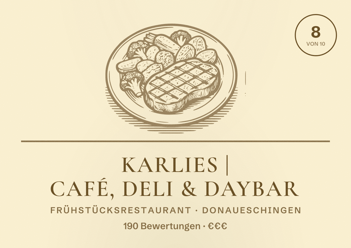Illustriertes Poster von KARLIES | café, deli & daybar, Frühstücksrestaurant in Donaueschingen: Bewertung 8 von 10 aus 190 Bewertungen, Preisniveau €€€
