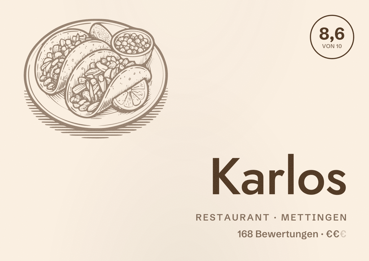 Illustriertes Poster von Karlos, Restaurant in Mettingen: Bewertung 8,6 von 10 aus 168 Bewertungen, Preisniveau €€