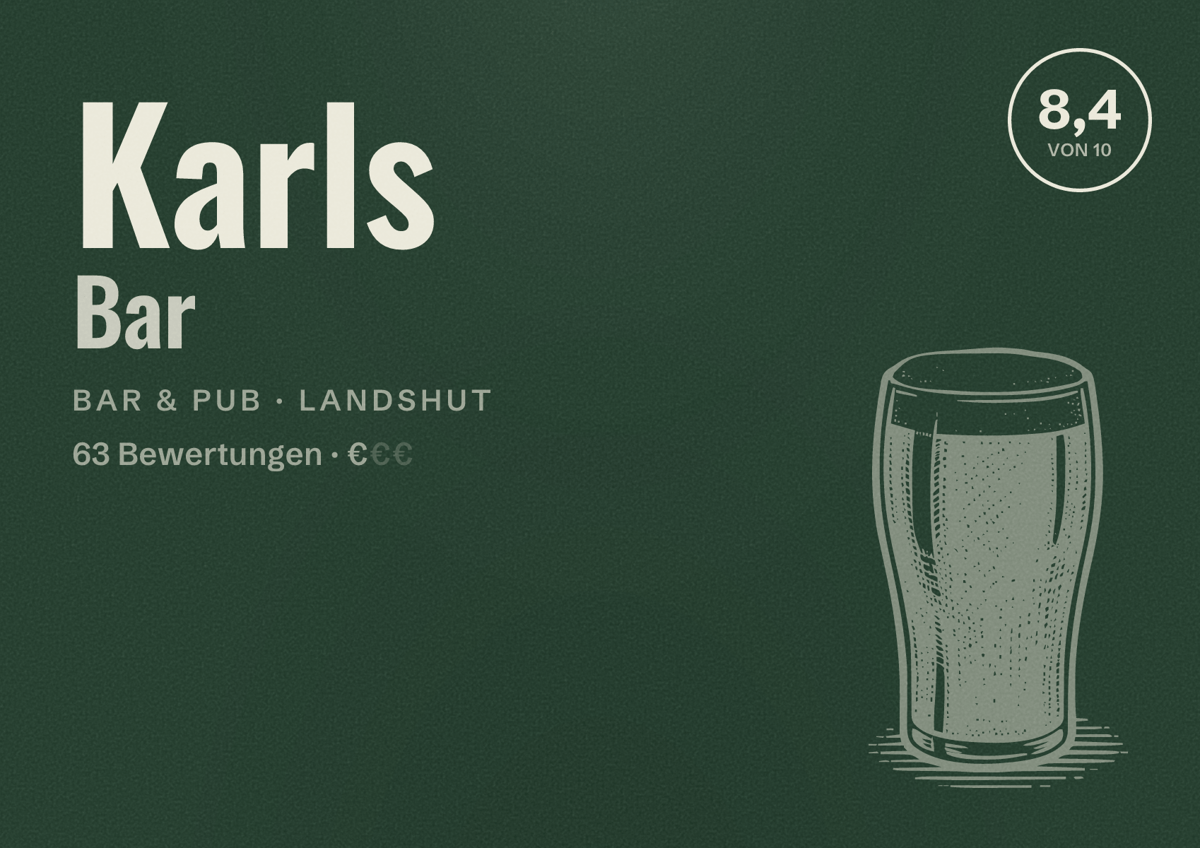 Illustriertes Poster von Karls Bar, Bar & Pub in Landshut: Bewertung 8,4 von 10 aus 63 Bewertungen, Preisniveau €