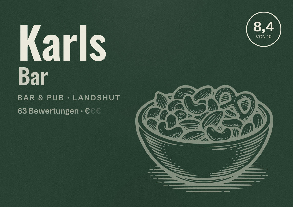 Illustriertes Poster von Karls Bar, Bar & Pub in Landshut: Bewertung 8,4 von 10 aus 63 Bewertungen, Preisniveau €
