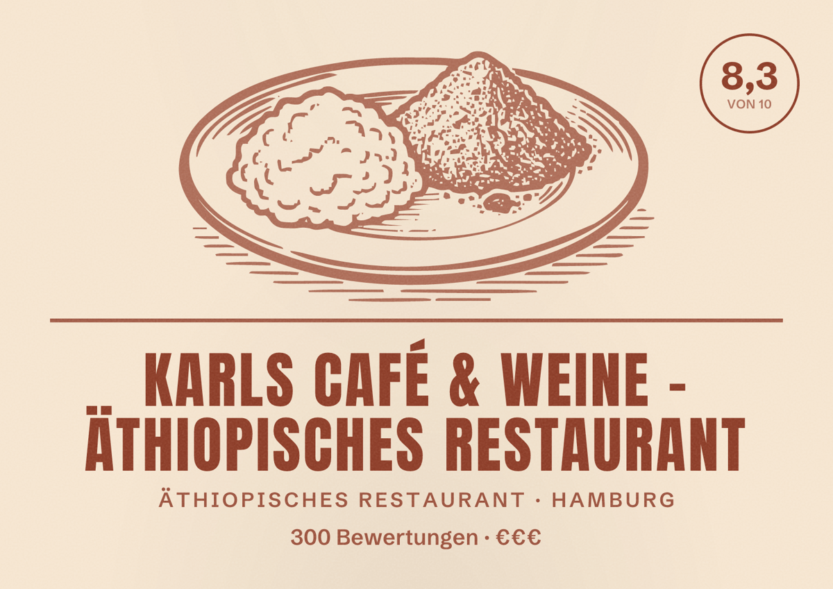 Illustriertes Poster von Karls Café & Weine - Äthiopisches Restaurant, Äthiopisches Restaurant in Hamburg: Bewertung 8,3 von 10 aus 300 Bewertungen, Preisniveau €€€
