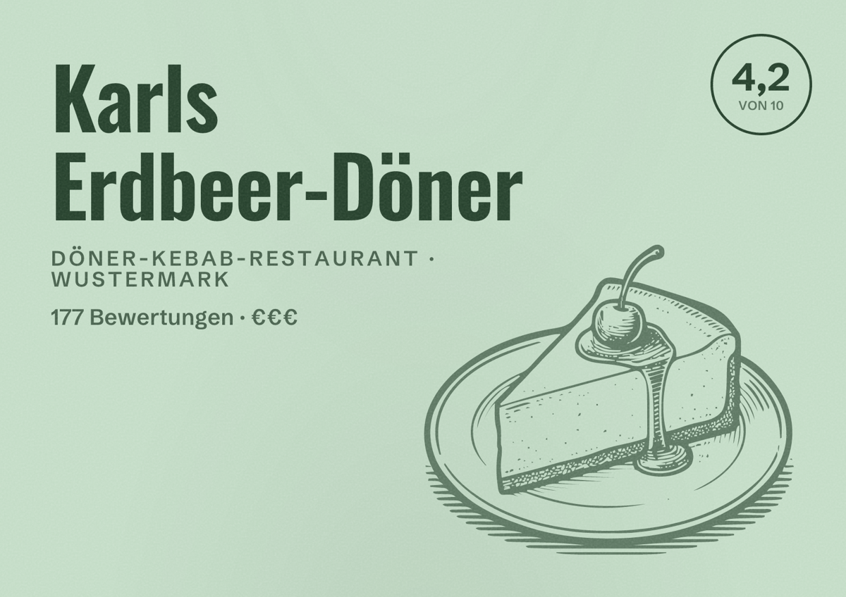 Illustriertes Poster von Karls Erdbeer-Döner, Döner-Kebab-Restaurant in Wustermark: Bewertung 4,2 von 10 aus 177 Bewertungen, Preisniveau €€€