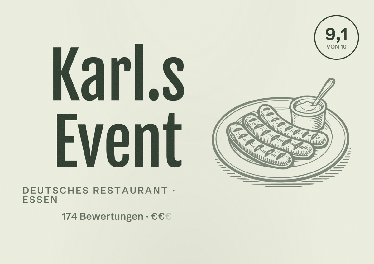Illustriertes Poster von Karl.s Event, Deutsches Restaurant in Essen: Bewertung 9,1 von 10 aus 174 Bewertungen, Preisniveau €€