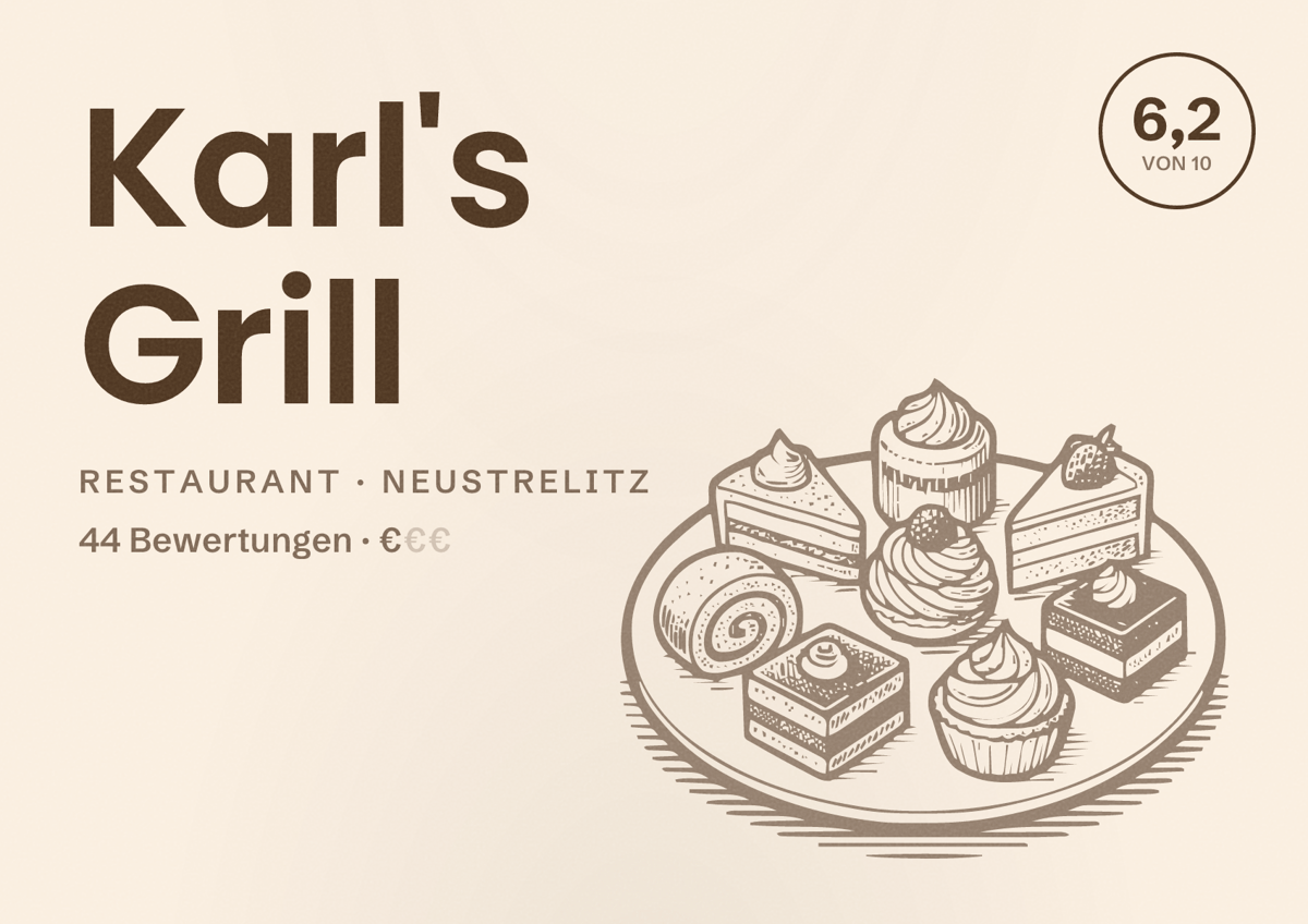 Illustriertes Poster von Karl's Grill, Restaurant in Neustrelitz: Bewertung 6,2 von 10 aus 44 Bewertungen, Preisniveau €