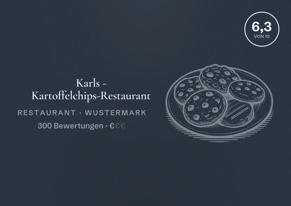Illustriertes Poster von Karls - Kartoffelchips-Restaurant, Restaurant in Wustermark: Bewertung 6,3 von 10 aus 300 Bewertungen, Preisniveau €